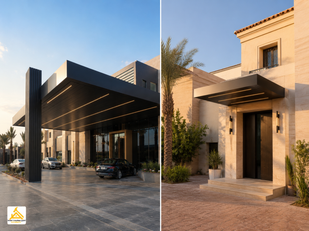 الفرق بين مظلات تجارية كلادينج ومظلات المداخل السكنية
