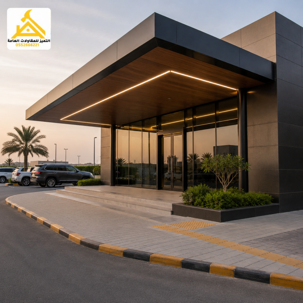 مظلات وواجهات كلادينج لمدخل رئيسي بتصميم حديث وإضاءة مدمجة