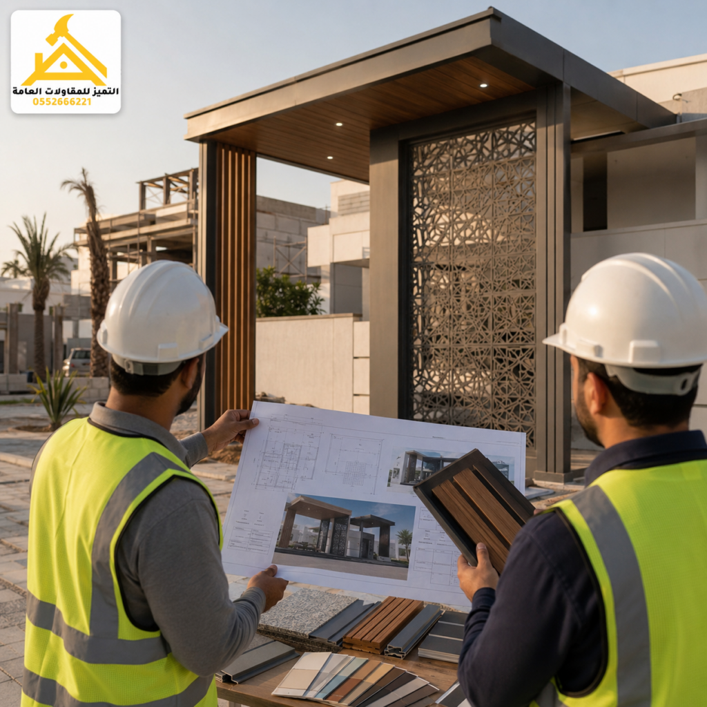 مقاول يراجع تصميم مظلة كلادينج مع عينات مواد ومخططات تنفيذ