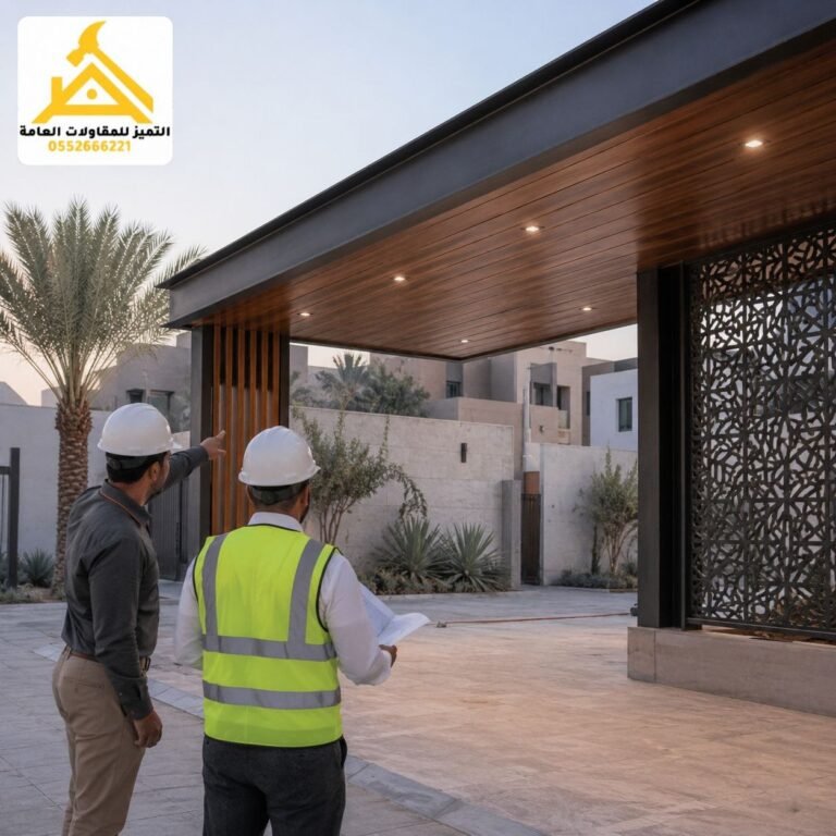 مهندسان يرتديان خوذ السلامة يراجعان المخططات أمام مظلة منفذة