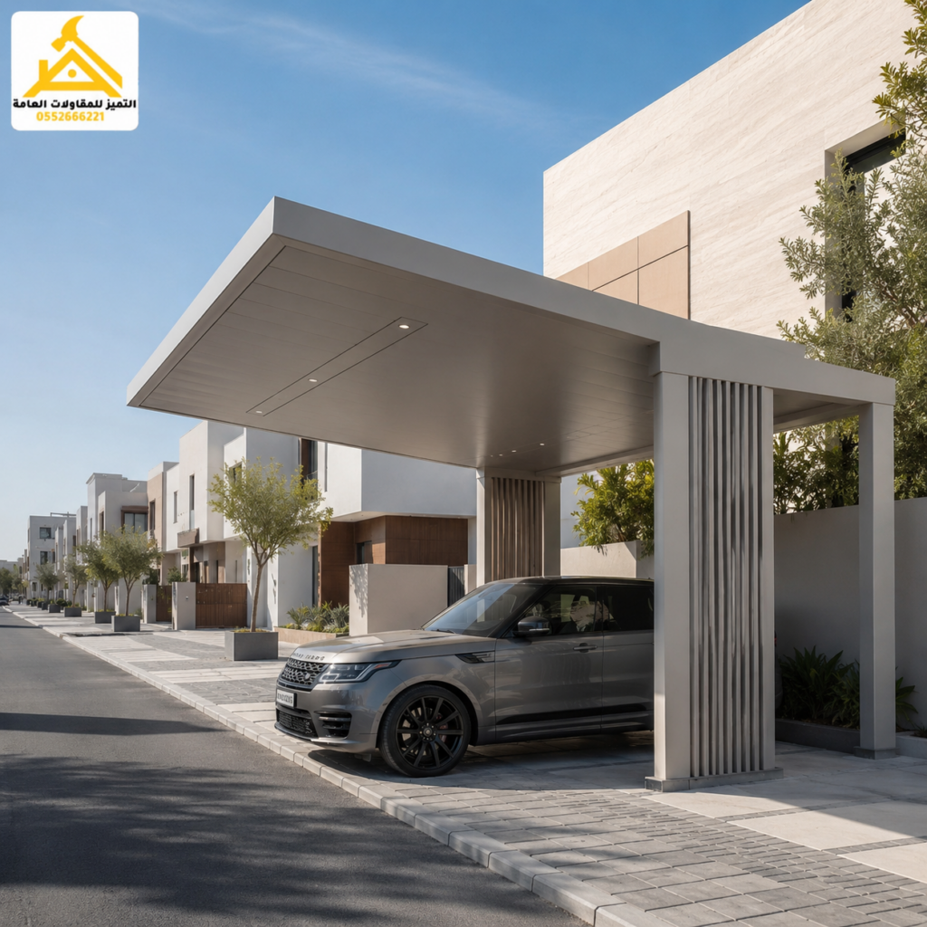 تصميم مظلة كلادينج بيضاء لواجهة فيلا حديثة بتفاصيل سعودية